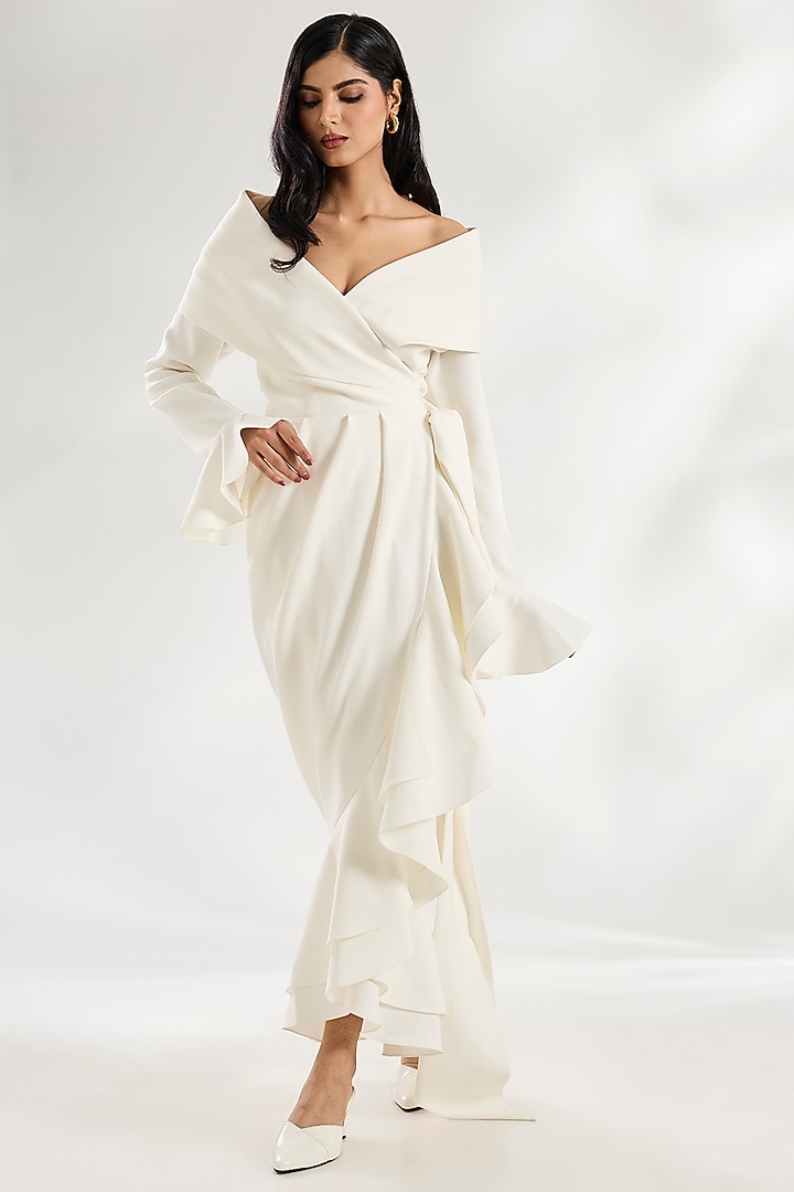 Ivory Micro Wrap Party Wear Dress by Gauri And Nainika at Pernia's Pop Up Shop