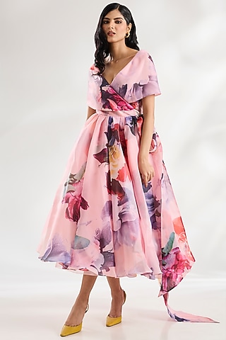 Pink Organza Wrap Dress by Gauri And Nainika