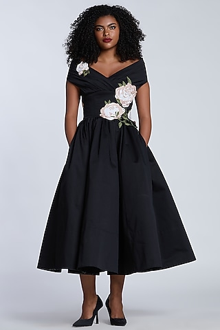 Black Cotton Botanical Thread Embroidered Midi Dress by Gauri And Nainika