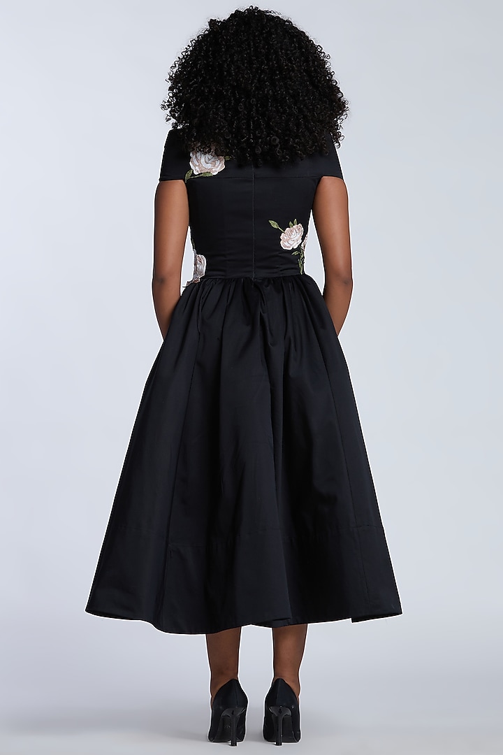 Black Cotton Botanical Thread Embroidered Midi Party Wear Dress by Gauri And Nainika at Pernia's Pop Up Shop