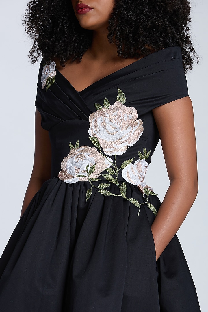 Black Cotton Botanical Thread Embroidered Midi Party Wear Dress by Gauri And Nainika at Pernia's Pop Up Shop