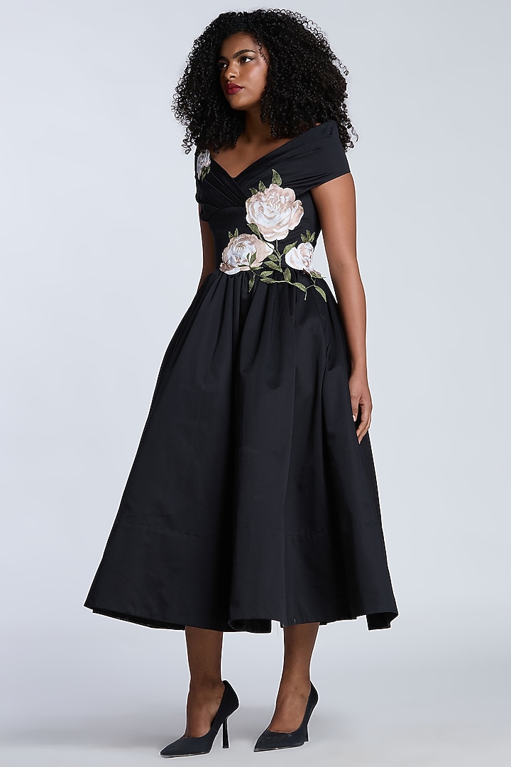 Black Cotton Botanical Thread Embroidered Midi Party Wear Dress by Gauri And Nainika at Pernia's Pop Up Shop