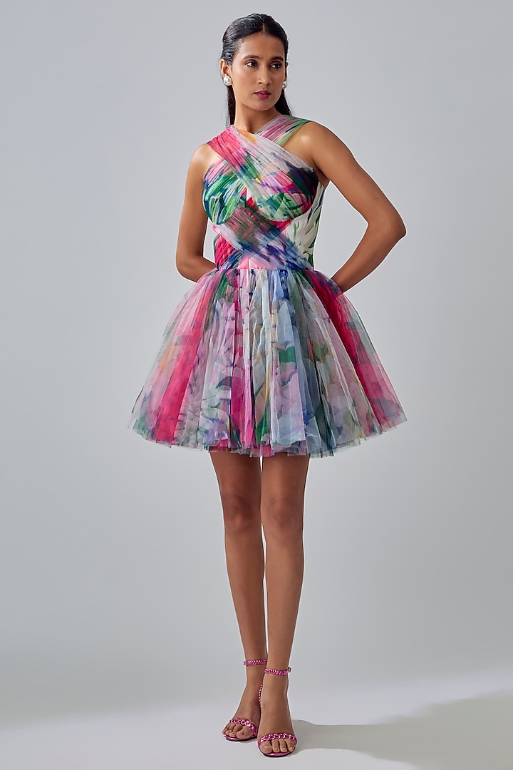 Multi-Colored Tulle & Mikado Mini Party Wear Dress by Gauri and Nainika at Pernia's Pop Up Shop