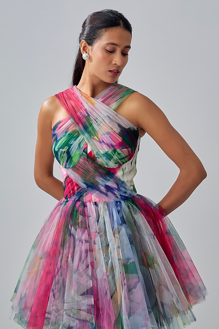 Multi-Colored Tulle & Mikado Mini Party Wear Dress by Gauri and Nainika at Pernia's Pop Up Shop