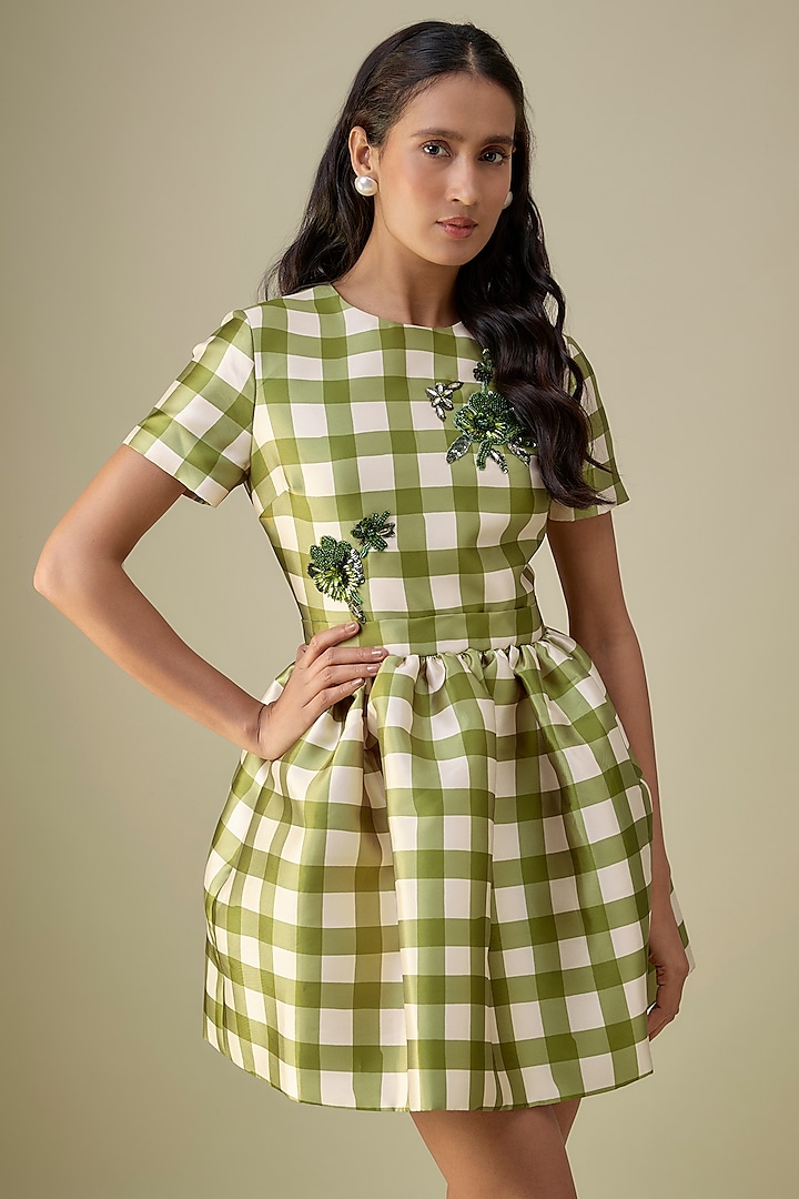 Green Mikado Hand Embroidered Party Wear Dress by Gauri And Nainika at Pernia's Pop Up Shop