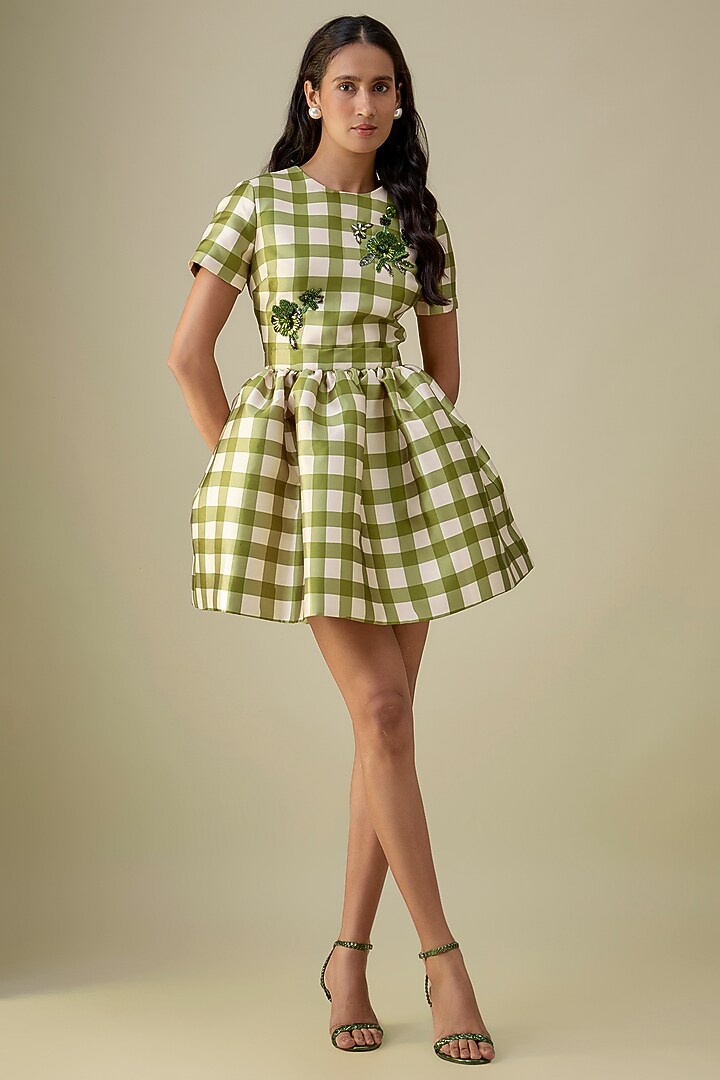 Green Mikado Hand Embroidered Party Wear Dress by Gauri And Nainika at Pernia's Pop Up Shop