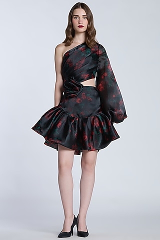 Black Organza Floral Printed One-Shoulder Frilled Dress by Gauri And Nainika