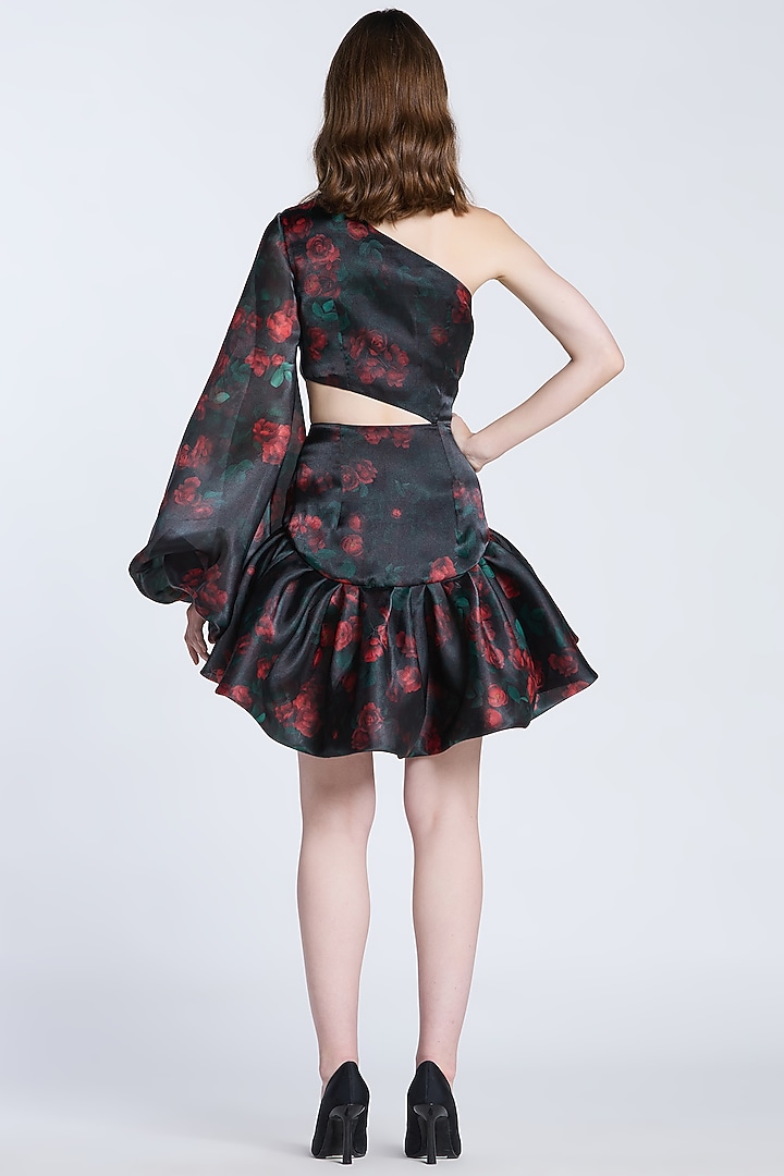 Black Organza Floral Printed One-Shoulder Frilled Cocktail Dress by Gauri And Nainika at Pernia's Pop Up Shop