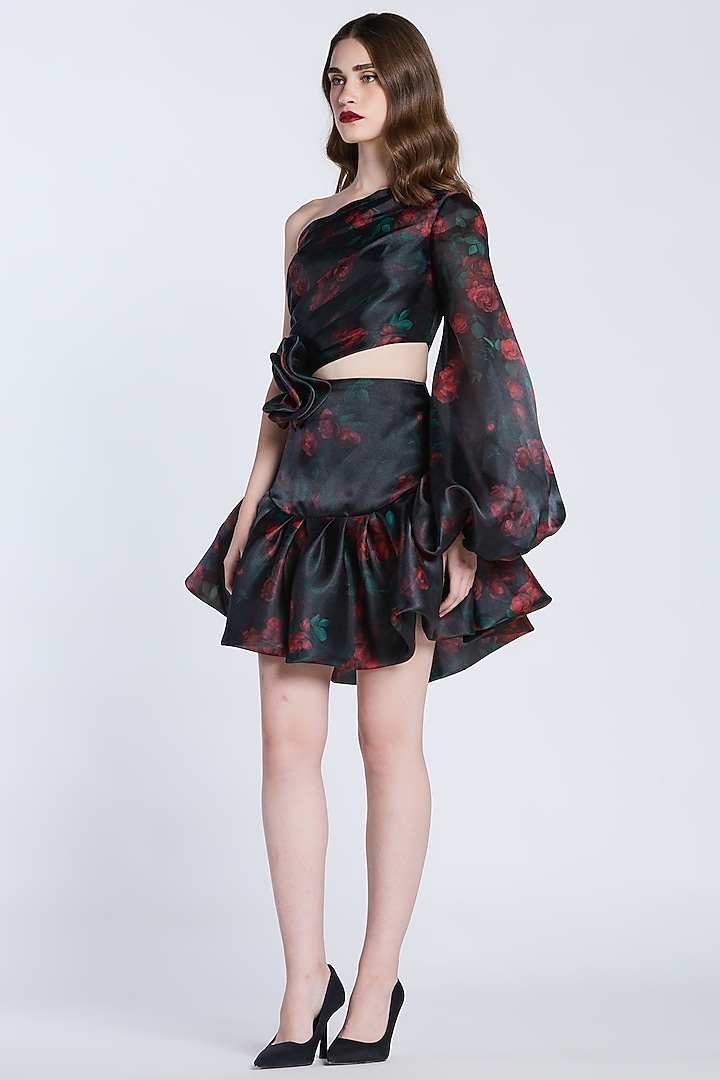 Black Organza Floral Printed One-Shoulder Frilled Cocktail Dress by Gauri And Nainika at Pernia's Pop Up Shop