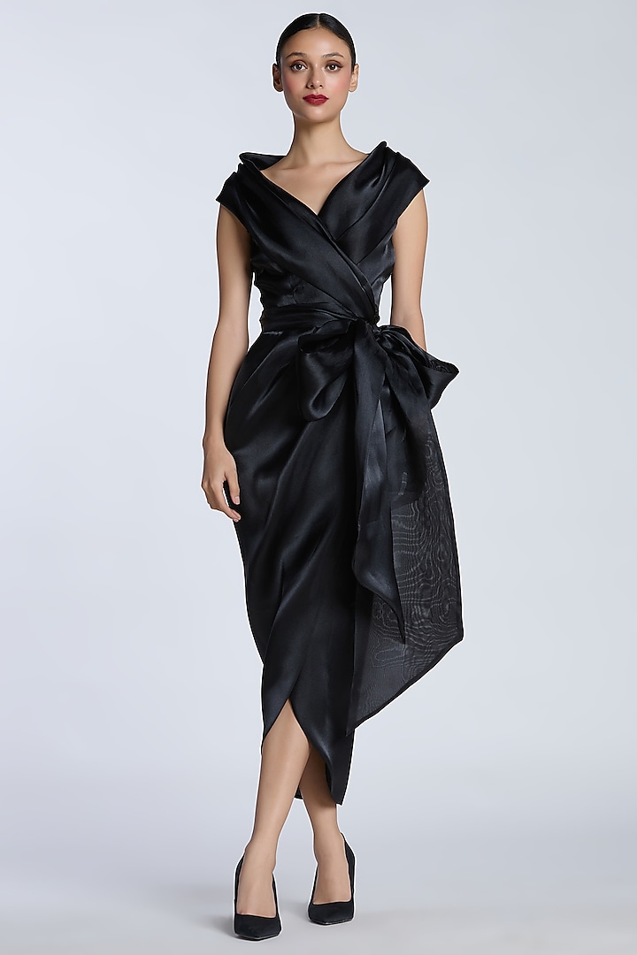 Black Organza Draped Midi Cocktail Dress by Gauri and Nainika at Pernia's Pop Up Shop