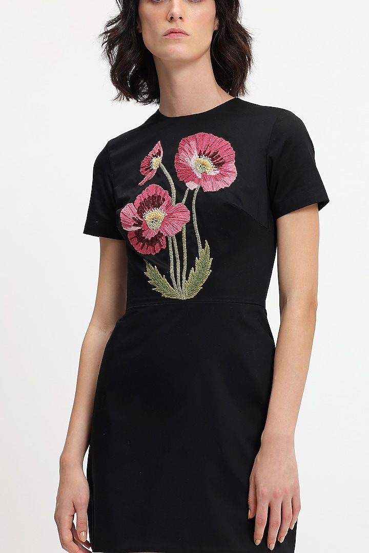 Black Cotton Botanical Embroidered Mini Party Wear Dress by Gauri and Nainika at Pernia's Pop Up Shop