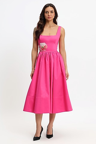 Fuchsia Cotton Hand Embroidered Midi Dress by Gauri and Nainika