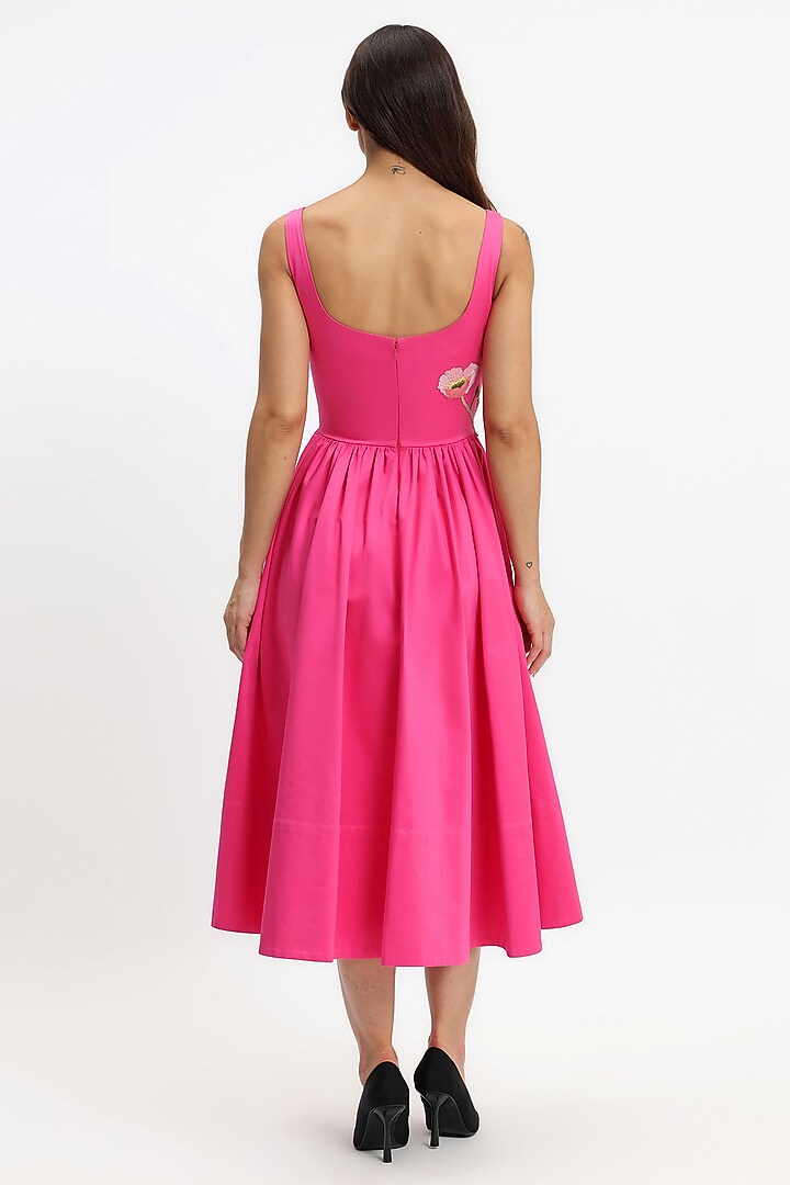 Fuchsia Cotton Hand Embroidered Midi Party Wear Dress by Gauri and Nainika at Pernia's Pop Up Shop