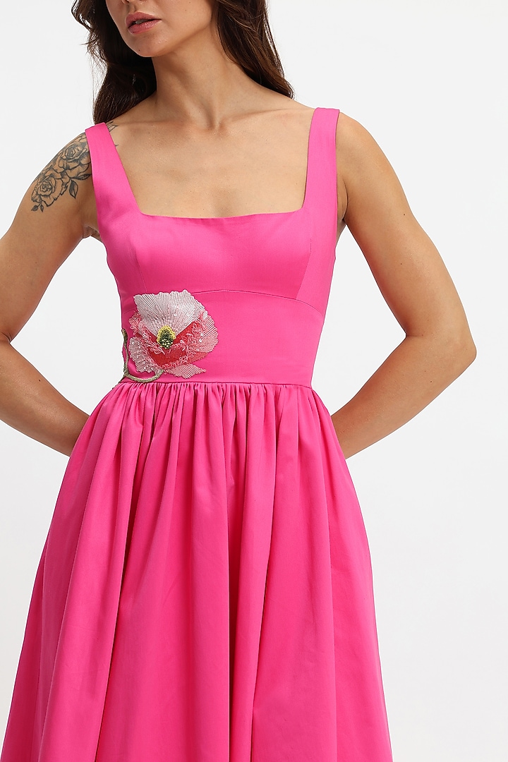 Fuchsia Cotton Hand Embroidered Midi Party Wear Dress by Gauri and Nainika at Pernia's Pop Up Shop
