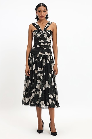 Black & White Pure Chiffon Printed Midi Dress by Gauri and Nainika