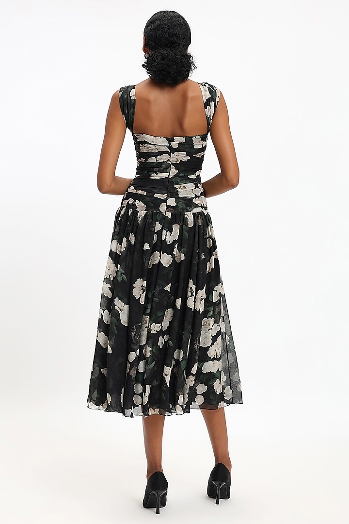 Black & White Pure Chiffon Printed Midi Party Wear Dress by Gauri and Nainika at Pernia's Pop Up Shop