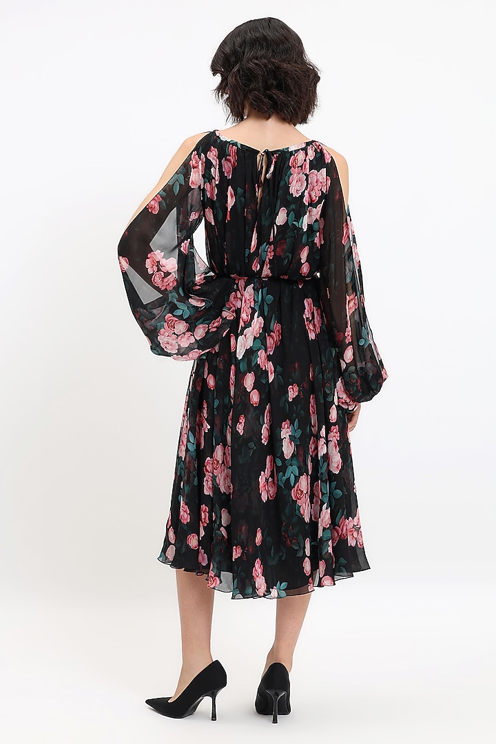 Black & Pink Pure Chiffon Printed Midi Party Wear Dress by Gauri and Nainika at Pernia's Pop Up Shop