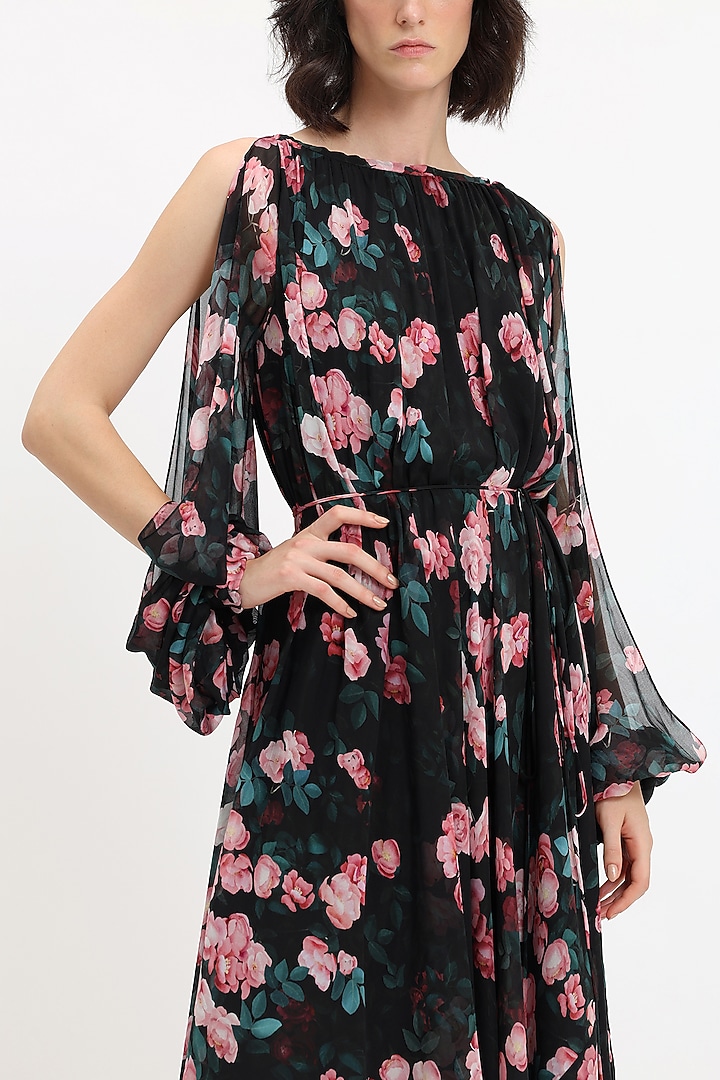 Black & Pink Pure Chiffon Printed Midi Party Wear Dress by Gauri and Nainika at Pernia's Pop Up Shop