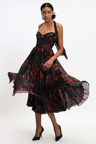 Black & Red Pure Chiffon Printed Midi Dress by Gauri and Nainika