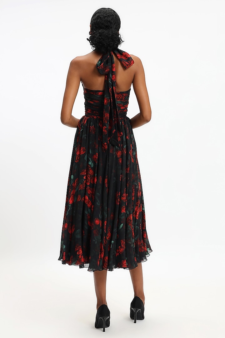 Black & Red Pure Chiffon Printed Midi Party Wear Dress by Gauri and Nainika at Pernia's Pop Up Shop
