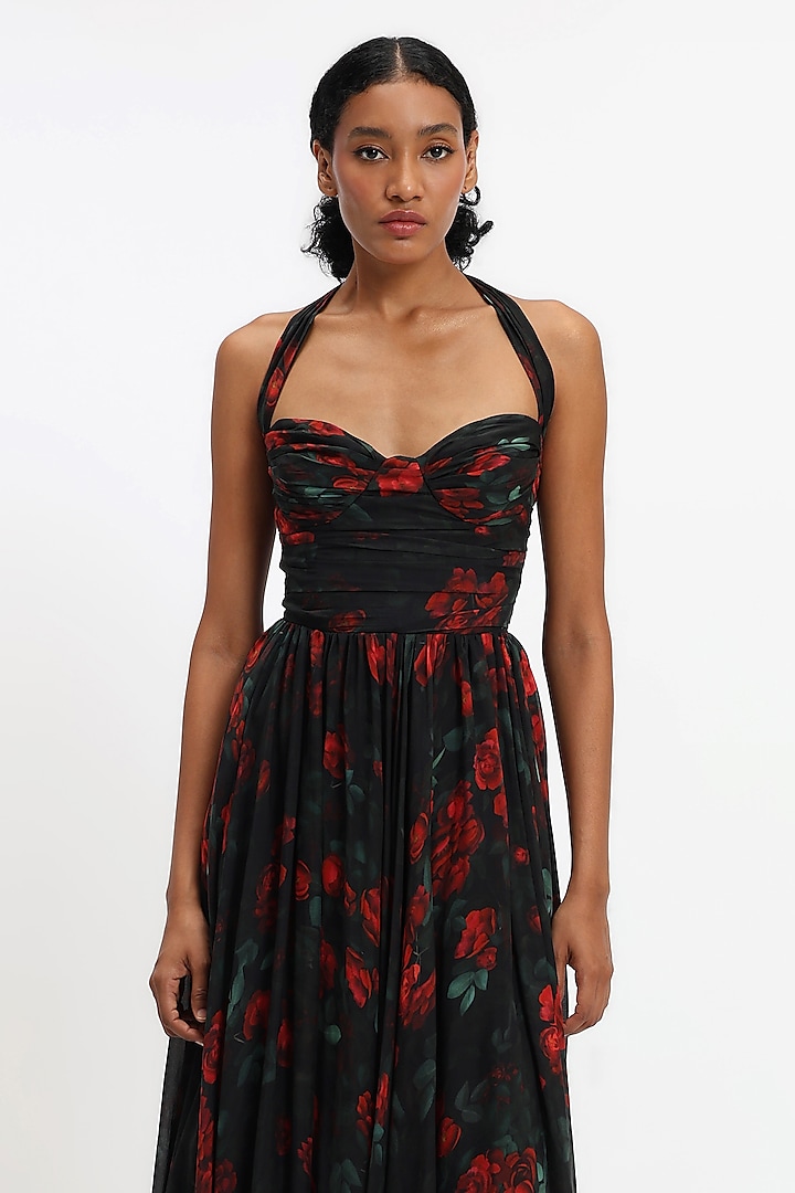 Black & Red Pure Chiffon Printed Midi Party Wear Dress by Gauri and Nainika at Pernia's Pop Up Shop