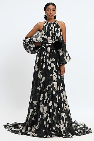 Black & White Pure Chiffon Printed Gown by Gauri and Nainika