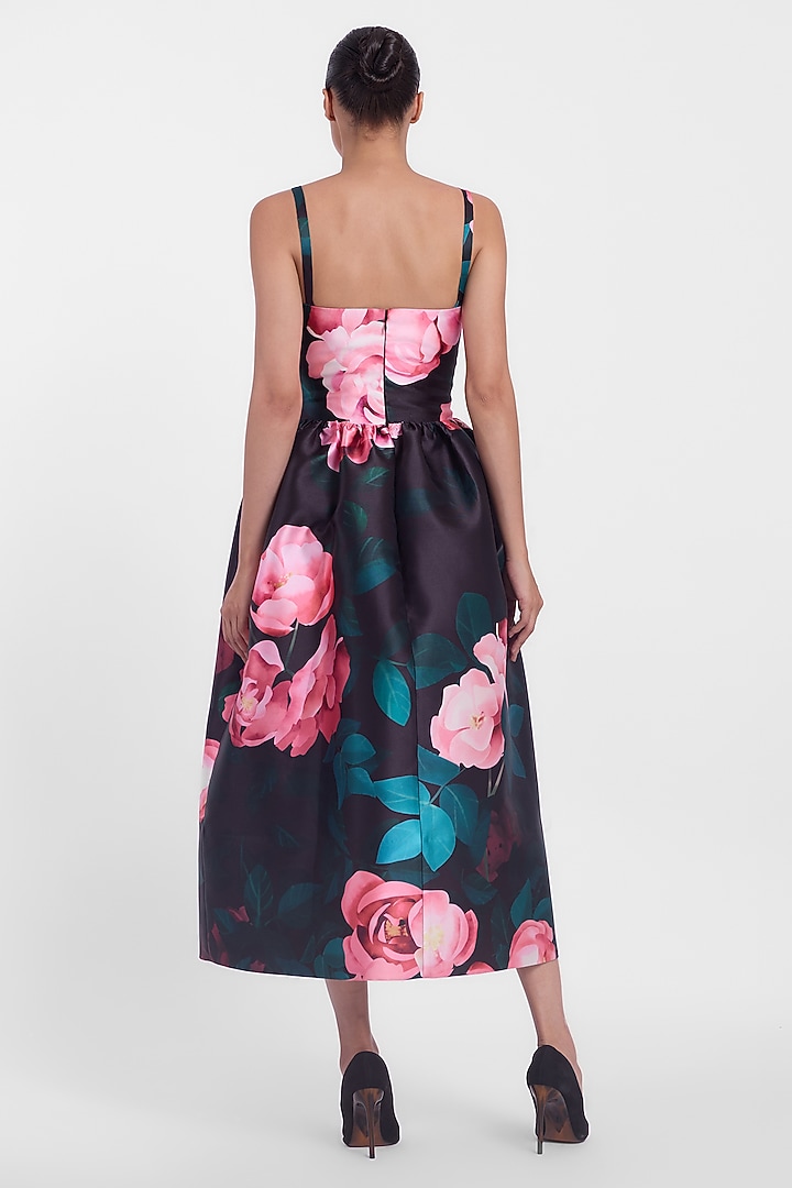 Black & Pink Mikado Printed Midi Party Wear Dress by Gauri and Nainika at Pernia's Pop Up Shop