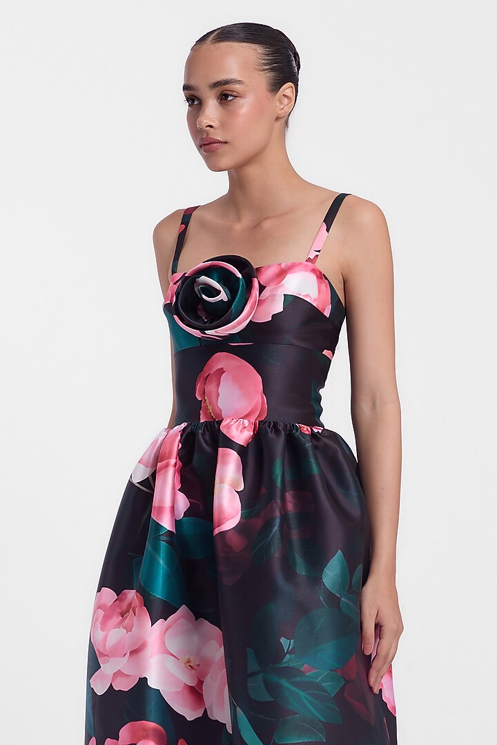 Black & Pink Mikado Printed Midi Party Wear Dress by Gauri and Nainika at Pernia's Pop Up Shop