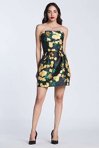 Black & Yellow Mikado Printed Strapless Mini Dress by Gauri and Nainika