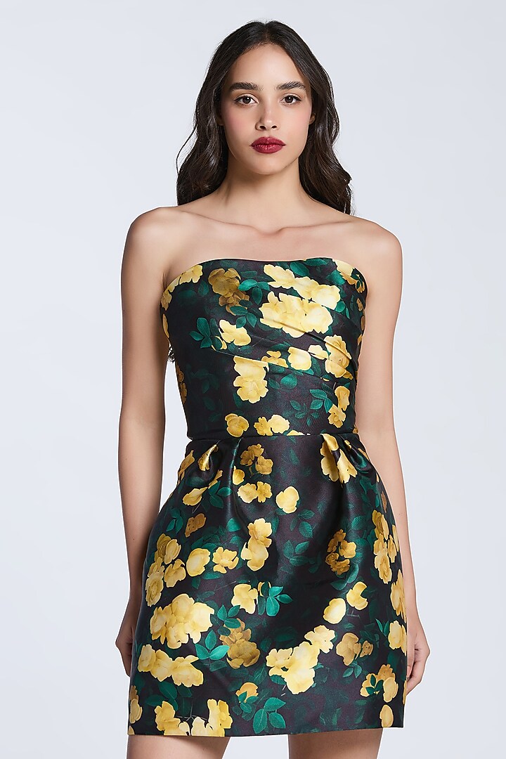 Black & Yellow Mikado Printed Strapless Mini Party Wear Dress by Gauri and Nainika at Pernia's Pop Up Shop