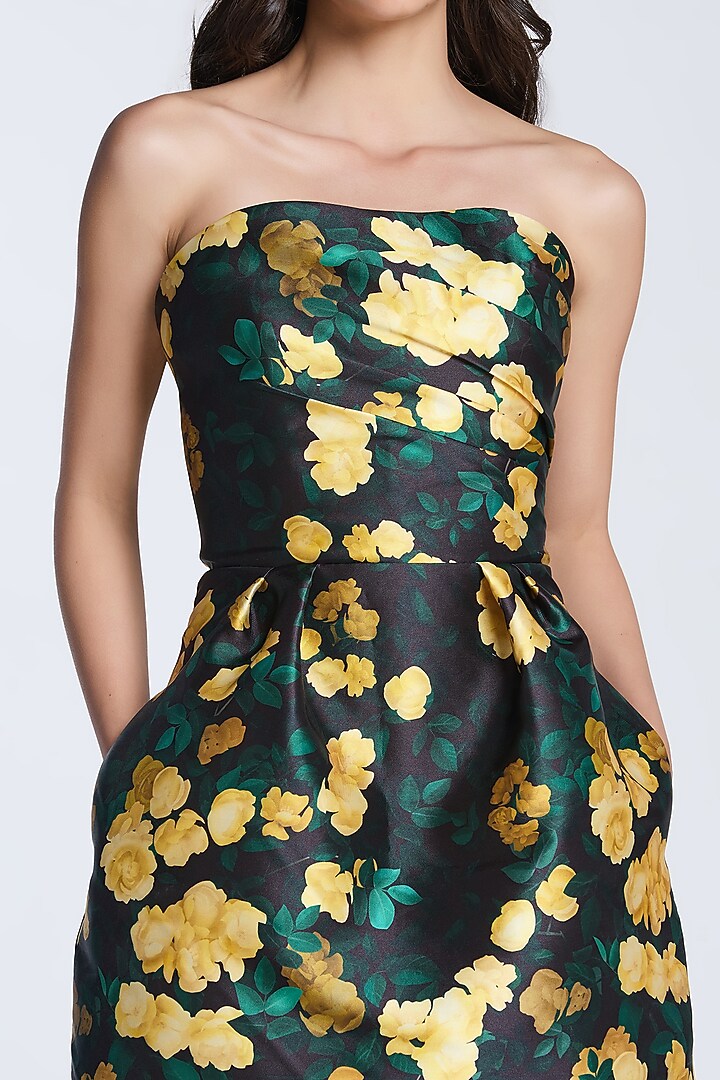 Black & Yellow Mikado Printed Strapless Mini Party Wear Dress by Gauri and Nainika at Pernia's Pop Up Shop