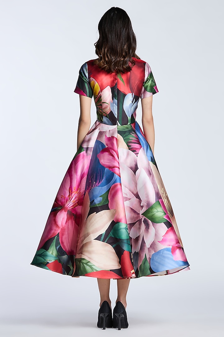 Red & Purple Mikado Printed Midi Party Wear Dress by Gauri and Nainika at Pernia's Pop Up Shop