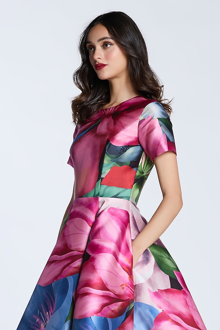Red & Purple Mikado Printed Midi Party Wear Dress by Gauri and Nainika at Pernia's Pop Up Shop