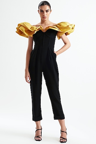 Black Micro & Taffeta Jumpsuit by Gauri And Nainika