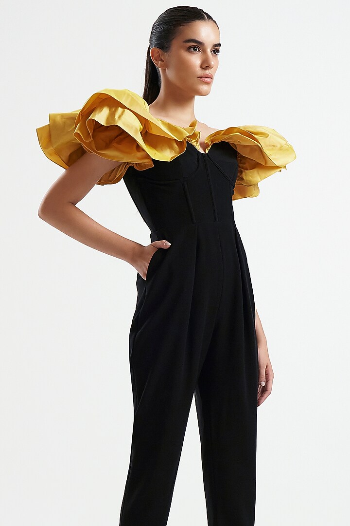 Black Micro & Taffeta Jumpsuit by Gauri And Nainika at Pernia's Pop Up Shop