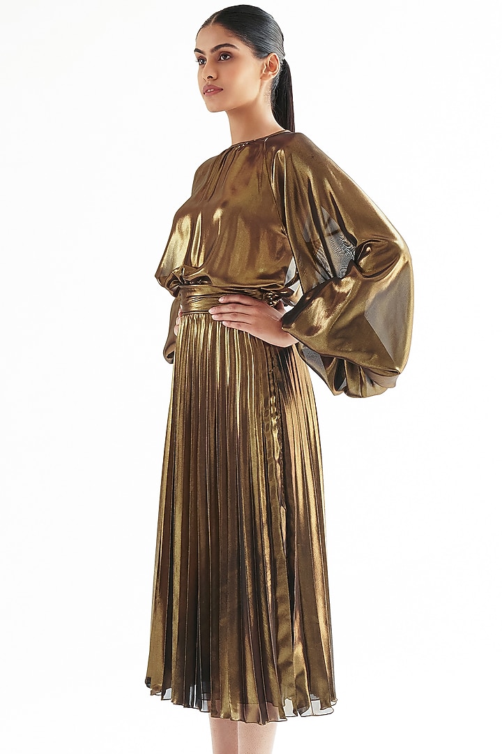 Gold Lame Midi Party Wear Dress by Gauri And Nainika at Pernia's Pop Up Shop