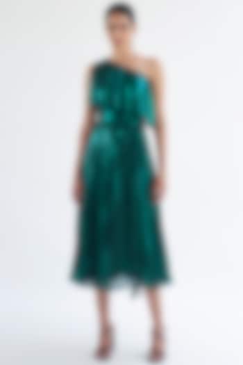 Green Lame One-Shoulder Midi Dress by Gauri And Nainika