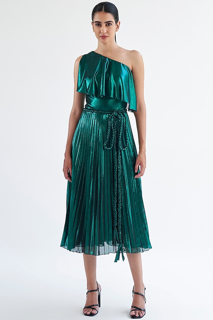 Green Lame One-Shoulder Midi Party Wear Dress by Gauri And Nainika at Pernia's Pop Up Shop
