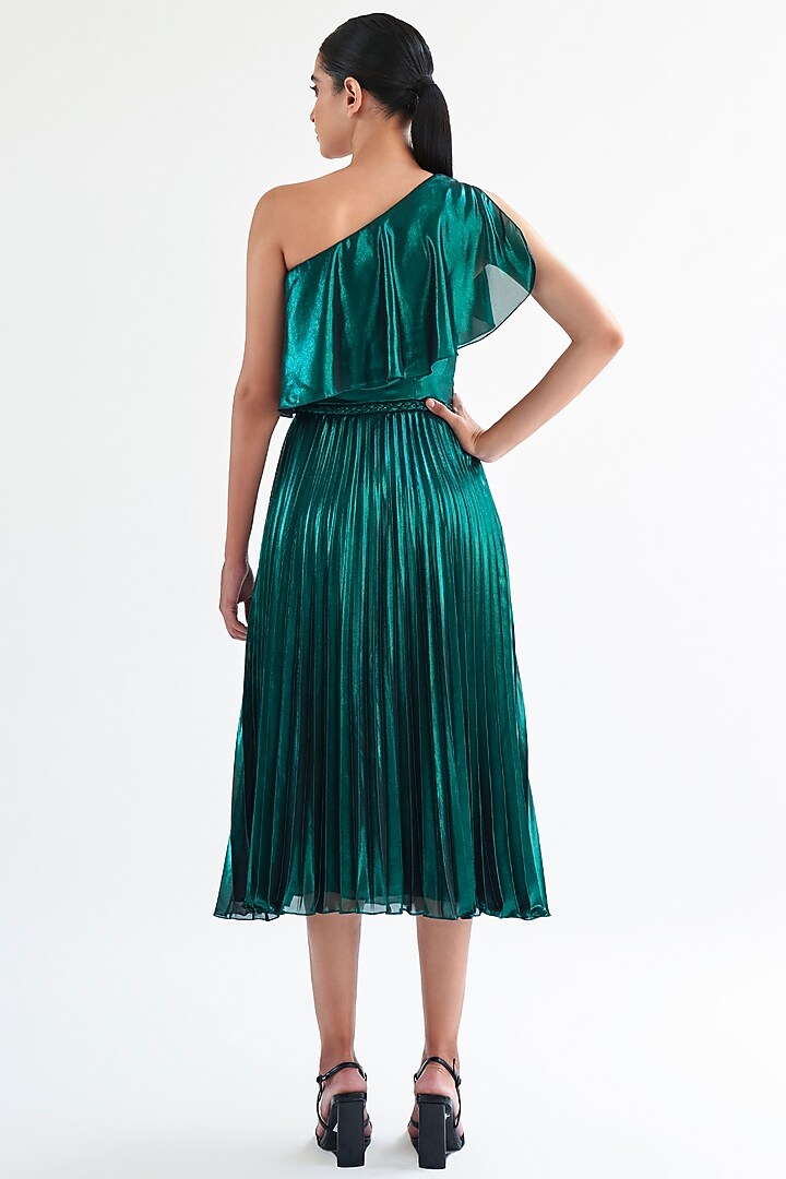 Green Lame One-Shoulder Midi Party Wear Dress by Gauri And Nainika at Pernia's Pop Up Shop