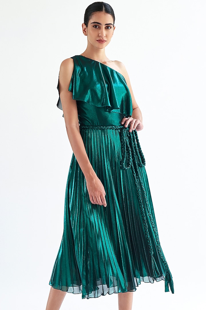 Green Lame One-Shoulder Midi Party Wear Dress by Gauri And Nainika at Pernia's Pop Up Shop