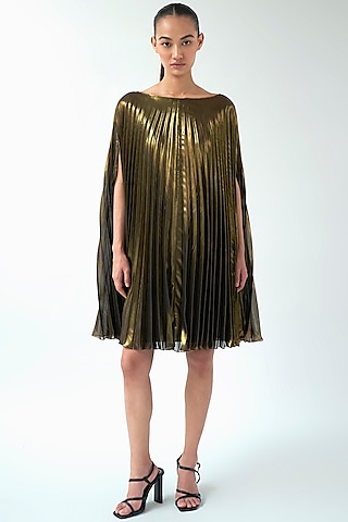 Gold Lame Mini Plisse Dress by Gauri And Nainika