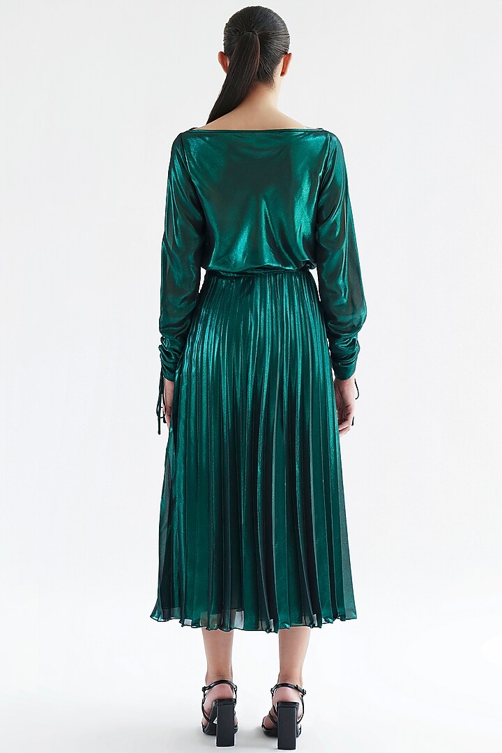 Green Lame Plisse Midi Party Wear Dress by Gauri And Nainika at Pernia's Pop Up Shop