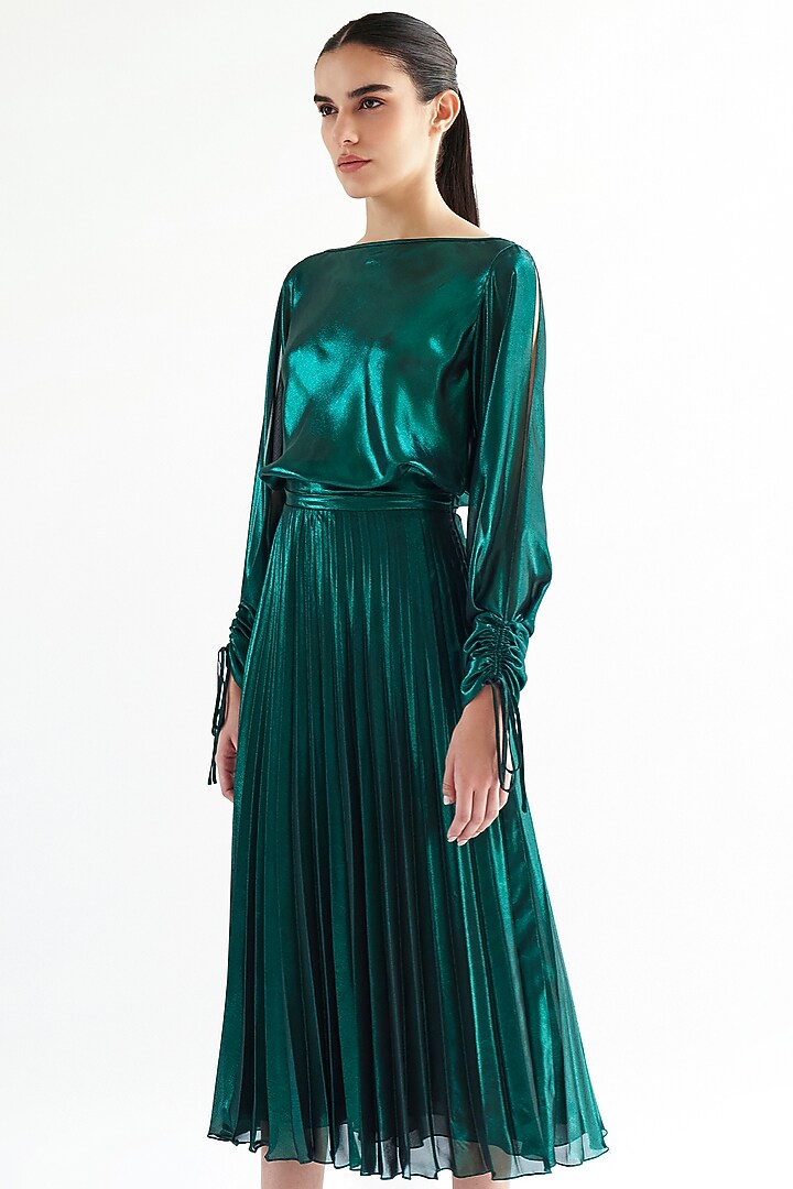 Green Lame Plisse Midi Party Wear Dress by Gauri And Nainika at Pernia's Pop Up Shop