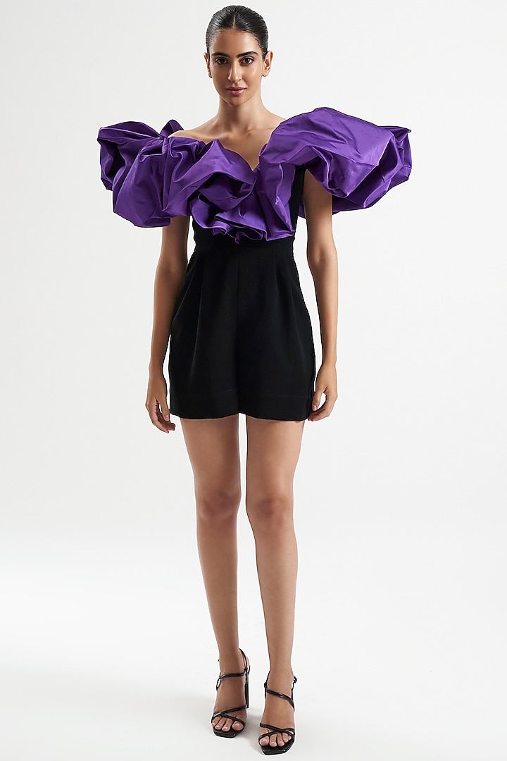 Black & Purple Duchess Satin Romper by Gauri And Nainika