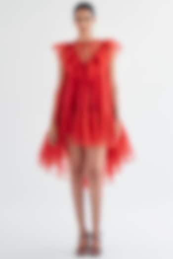 Red Dotted Organza Mini Trapeze Dress by Gauri And Nainika