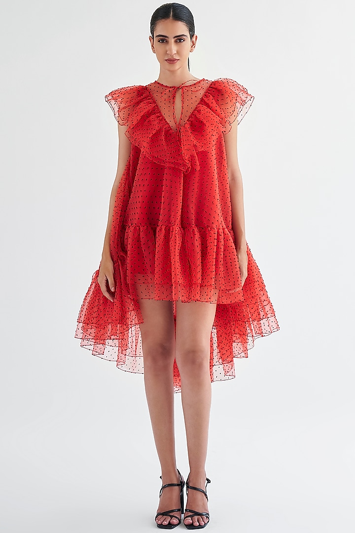Red Dotted Organza Mini Trapeze Dress by Gauri And Nainika