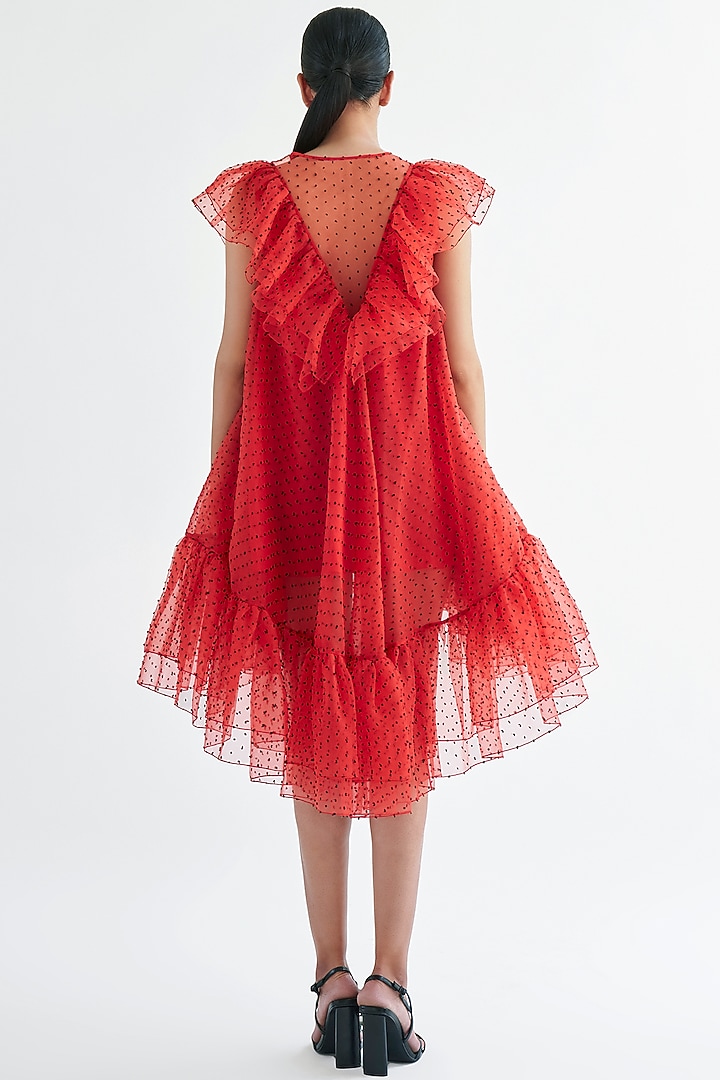 Red Dotted Organza Mini Trapeze Cocktail Dress by Gauri And Nainika at Pernia's Pop Up Shop
