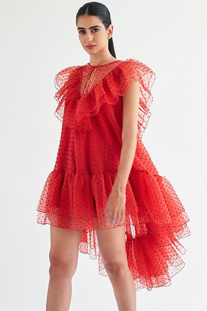 Red Dotted Organza Mini Trapeze Cocktail Dress by Gauri And Nainika at Pernia's Pop Up Shop