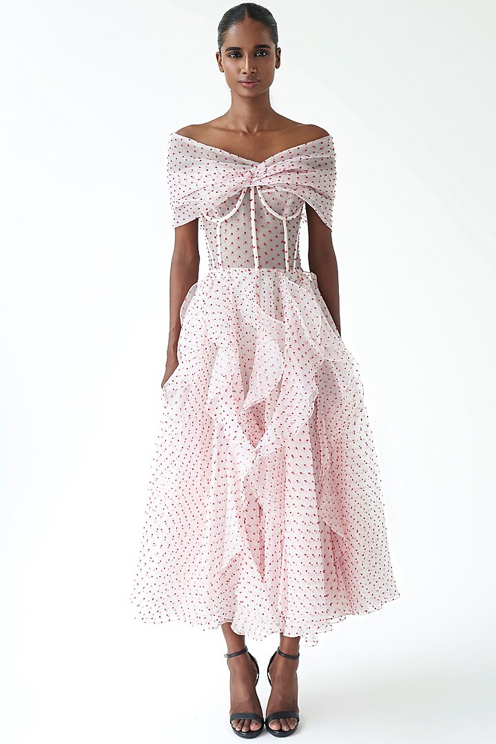 Light Pink Dotted Organza Midi Dress by Gauri And Nainika