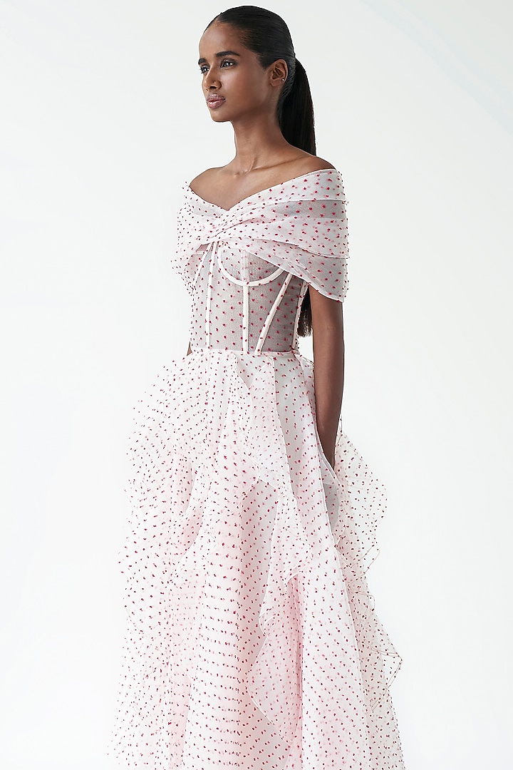 Light Pink Dotted Organza Midi Party Wear Dress by Gauri And Nainika at Pernia's Pop Up Shop